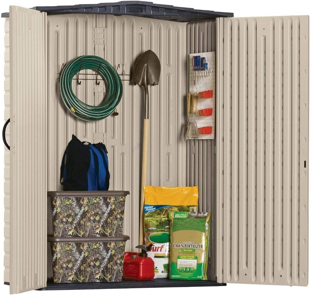 Rubbermaid Small Vertical Resin Outdoor Storage Shed With Floor (2.3 x 4.6 Ft), Weather Resistant, Beige/Brown, Organization for Home/Backyard/Pool Chemicals/Toys/Garden Tools/Porch/Patio Cushions