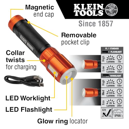 Klein Tools 56412 Rechargeable LED Flashlight with Worklight, 500 Lumens, USB Charging Cable, Pocket Clip, Battery Life Indicator, Magnetic