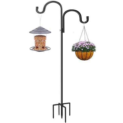 Double Shepherds Hook for Outdoor,78 Inch Bird Feeder Pole with 5 Prongs Base,Adjustable Heavy Duty Garden Hanging Holder for Hanging Plant,Solar Light,Weddings Decor,Hummingbird Feeder（1 Pack）