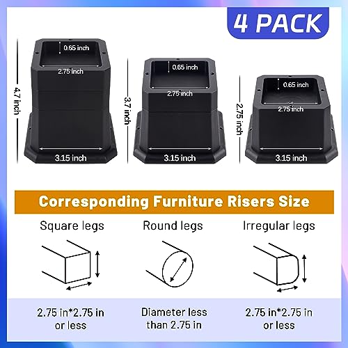 BTSD-home Adjustable Bed Risers 1 or 2 Inch Heavy Duty 8 Pack Furniture Risers Dorm Bed Risers Table Desks Legs Extenders Blocks Black