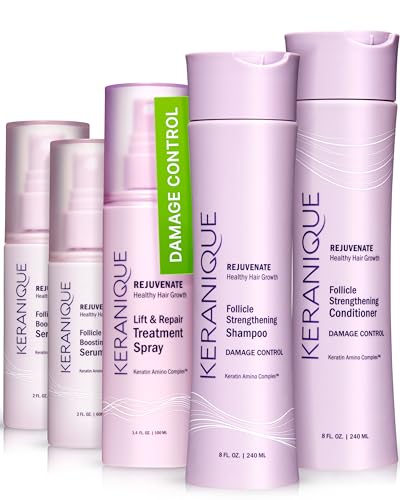 Keranique Damage Control Set for Thinning Hair - Shampoo and Conditioner for Damaged Hair, Follicle Booster Serum, Lift & Repair Spray - Keratin Enriched Repair Products for Women with Dry, Thin Hair