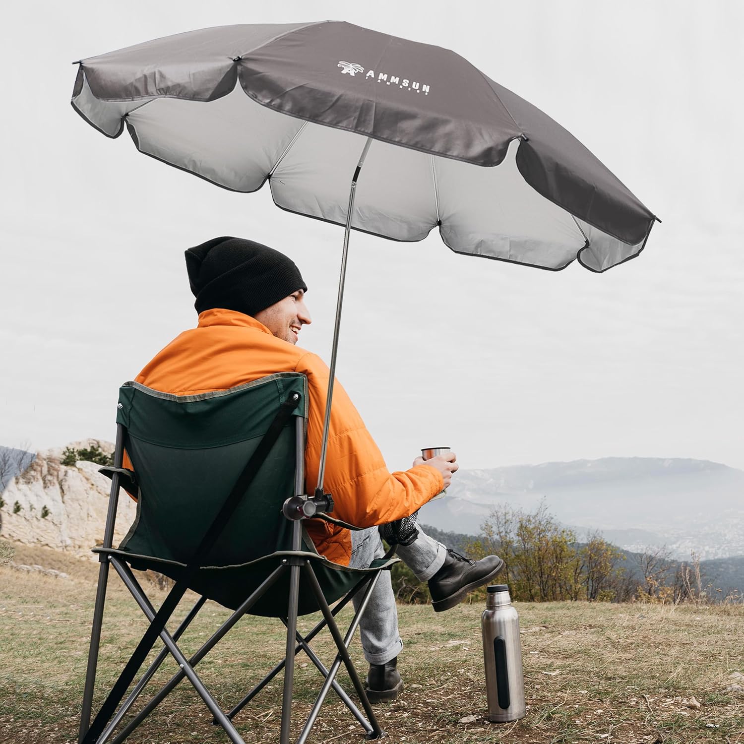 AMMSUN XL Chair Umbrella with Universal Clamp 52 inches and 360-degree Swivel UPF 50+, Portable Clamp on Camping or Beach Chair, Stroller, Wheelchair, Gray