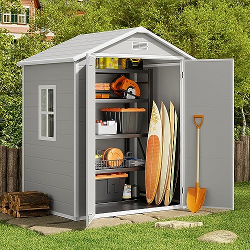 Gizoon 5x3 FT Resin Outdoor Storage Shed with Floor, Waterproof Lockable Storage Shed with Window, Plastic Outside Tool Storage Shed for Garden, Backyard, Patio, Lawn, Gray