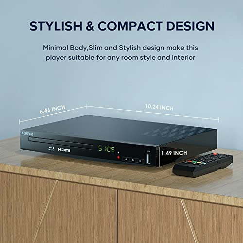 Blu Ray DVD Player,Full HD Blu-ray Disc Player with Metal Enclosure,Easy Hook Up and User Friendly, 1080P Home Theater DVD Player with HDMI Output, Support HDD and USB Playback