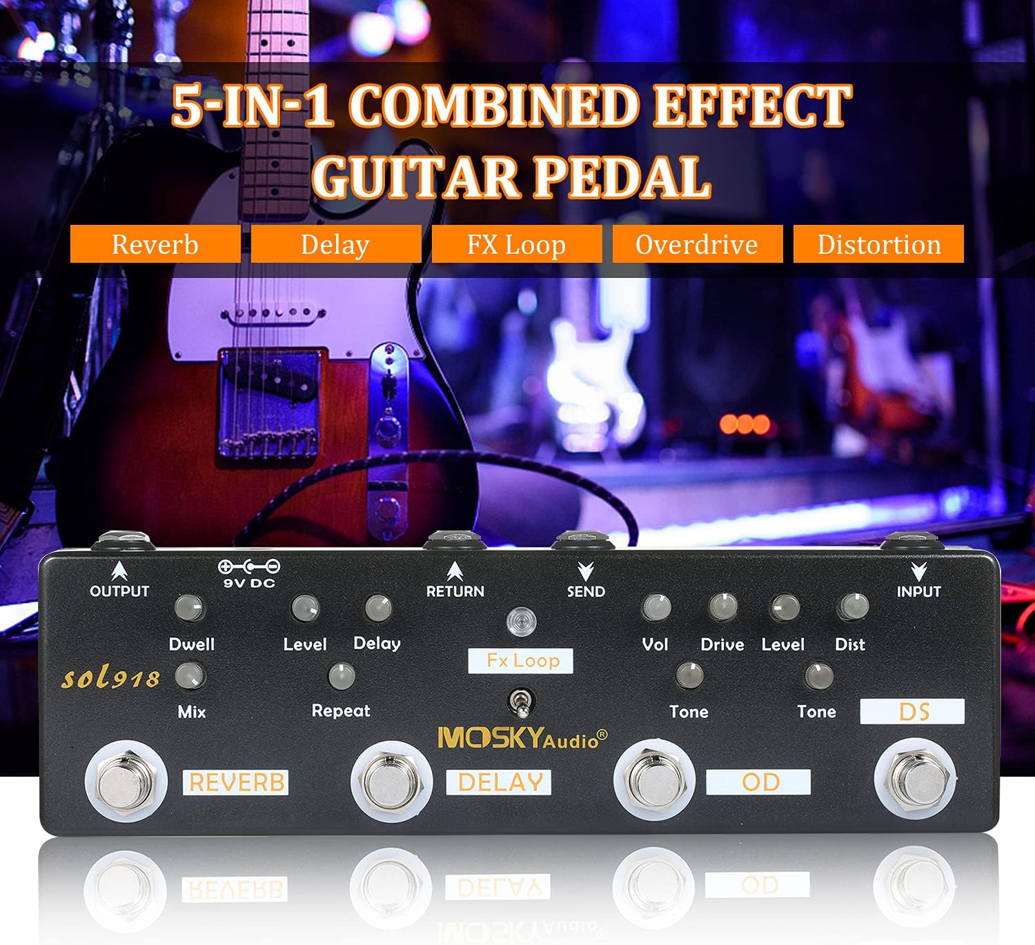 SOL918 5-in-1 Multi Effect Pedal Combined Effect Guitar Pedal True Bypass Multi-in-one Combined Effect Device Reverb Delay FX Loop Overdrive Distortion for Guitar Bass Electro-acoustic