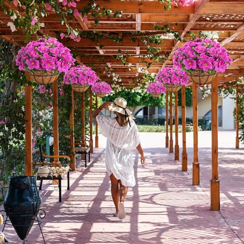 Artificial Hanging Flowers with Basket, Silk Azalea Flowers in Coconut Lining Hanging Baskets, Fake Hanging Plants for Outdoors Indoors yard Garden Patio Home Room Porch Decorations (Fuchsia)