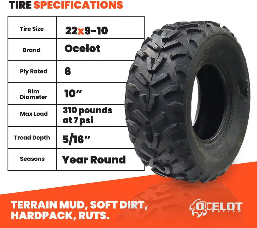 Ocelot P367 22x9-10 ATV UTV All-Terrain Tire with 6-ply Construction, OEM Style Tread, Wide Footprint for Mud and Soft Dirt, Designed for Durability and Extra Grip on Hardpack Solid Surfaces