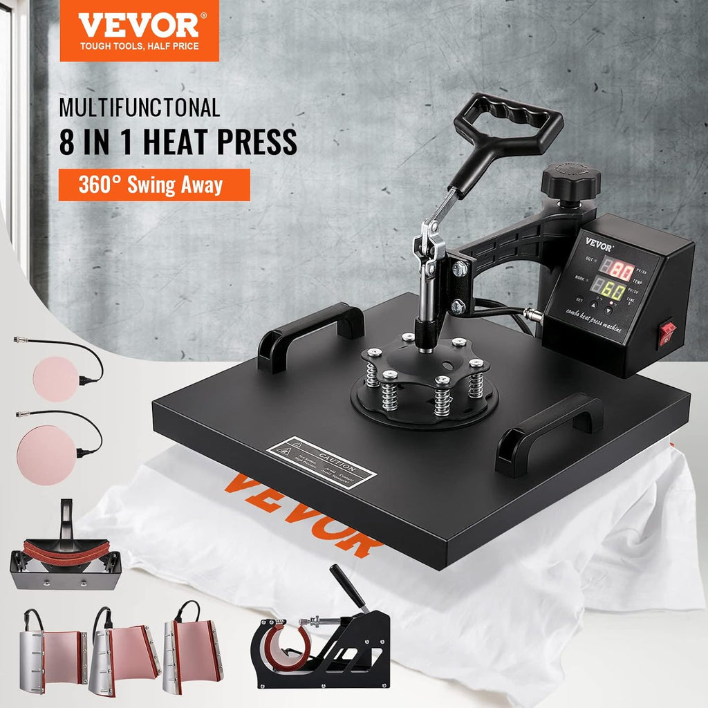 VEVOR Heat Press 15x15 Inch 8 in 1 Heat Press Machine, Swing Away Tshirt Press Machine Digital Control, Multifunctional Heat Transfer Machine Sublimation Combo for T-Shirt Hat Cap Mug Plate