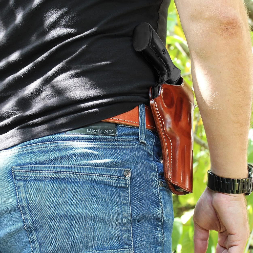 Premium Leather OWB Paddle Holster with Thumb Break Fits, Smith Wesson N-Frame Model 629/29 Classic Full Underlug Barrel 44 Magnum 5''BBL, Right Hand Draw Brown Color #1261#