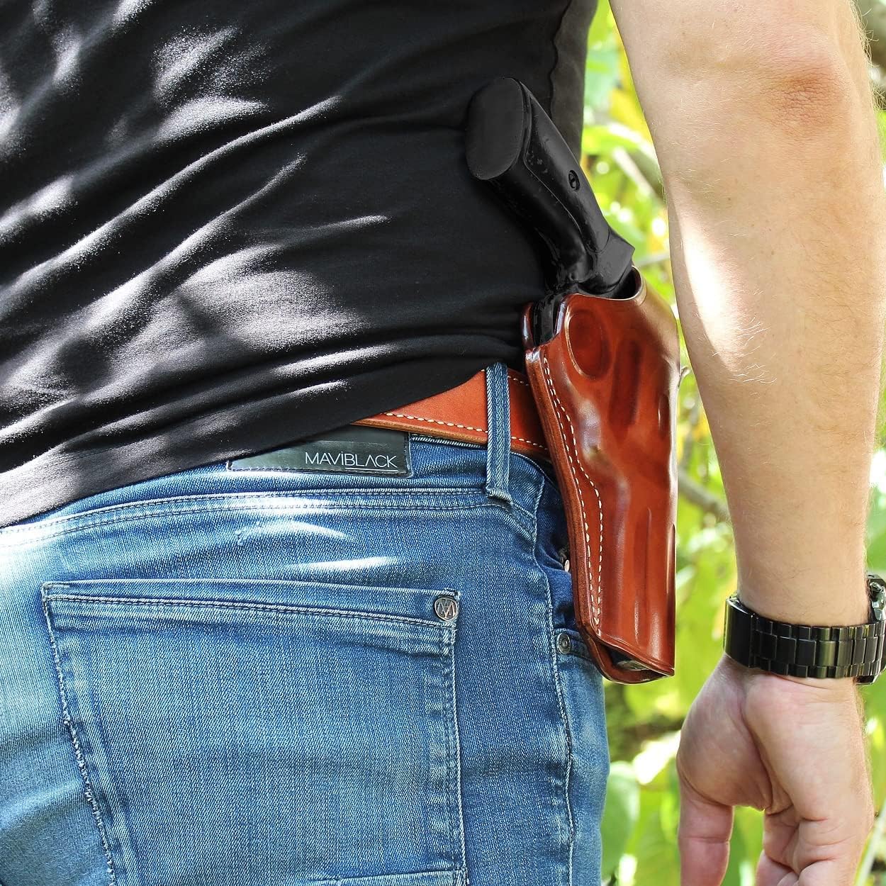 Premium Leather OWB Paddle Holster with Thumb Break Fits, Smith Wesson N-Frame Model 629/29 Classic Full Underlug Barrel 44 Magnum 5''BBL, Right Hand Draw Brown Color #1261#