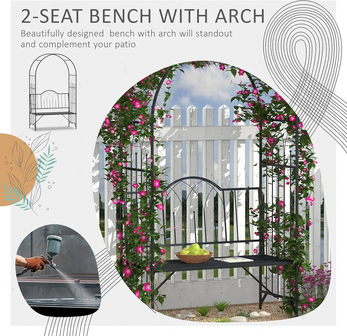 Outsunny Metal Trellis Arbor Arch for Climbing Plants with Garden Bench, Grow Grapes & Vines, Patio Decor & 2-Person Outdoor Interlacing Decorative Seating with Tips, 484 lbs. Weight Capacity, Black
