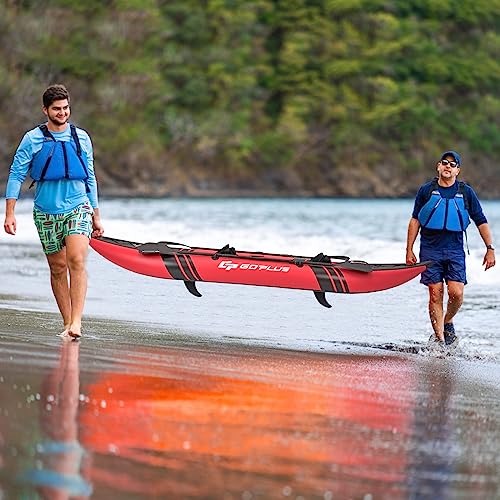 Goplus Inflatable Kayak, 2-person Kayak Set for Adults with 507 LBS Weight Capacity, 2 Aluminium Oars, EVA Padded Seat, 2 Fins, Hand Pump, Carry Bag, Repair Kit, Portable Touring Kayaks