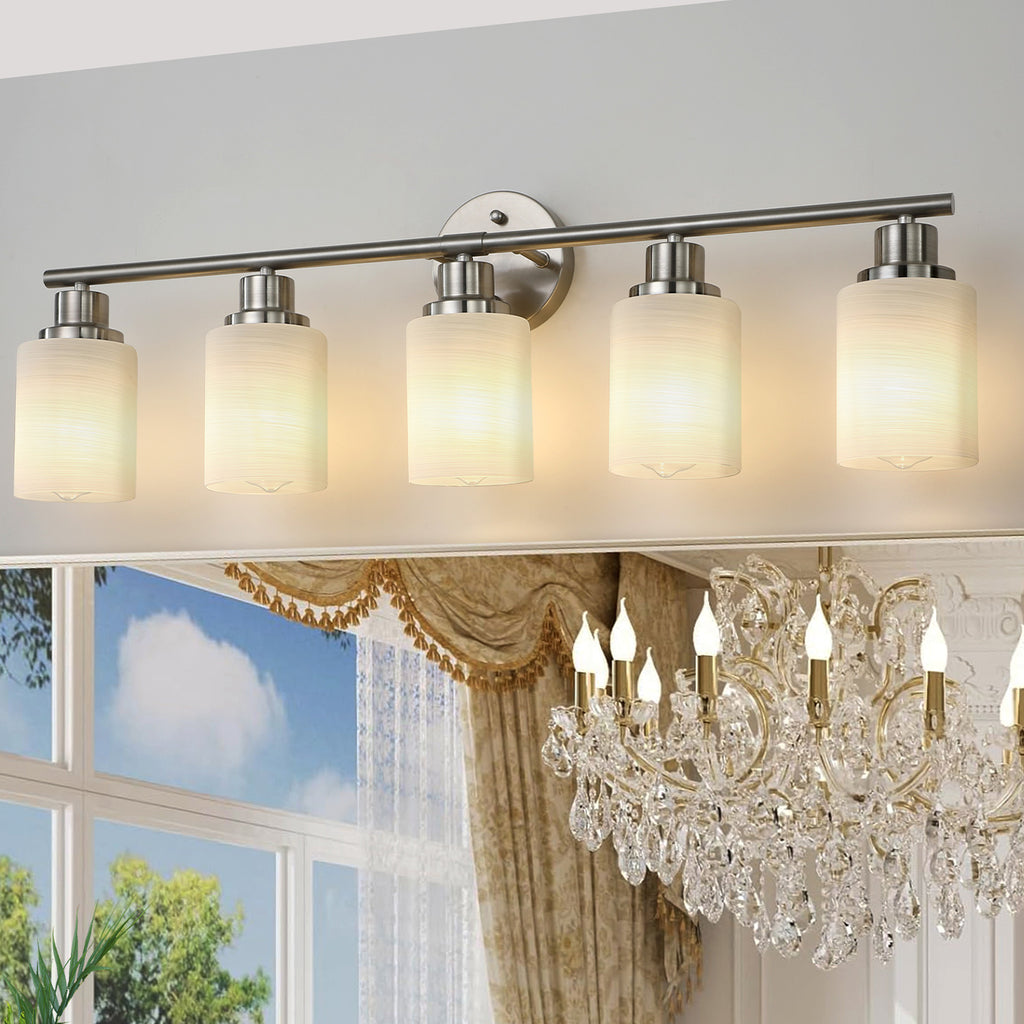 5-Light Silver Bathroom Vanity Light with Frosted Glass Shades - Wall Mounted Mirror Lighting for Bathroom/Bedroom, E26 Socket (Bulbs Not Included)