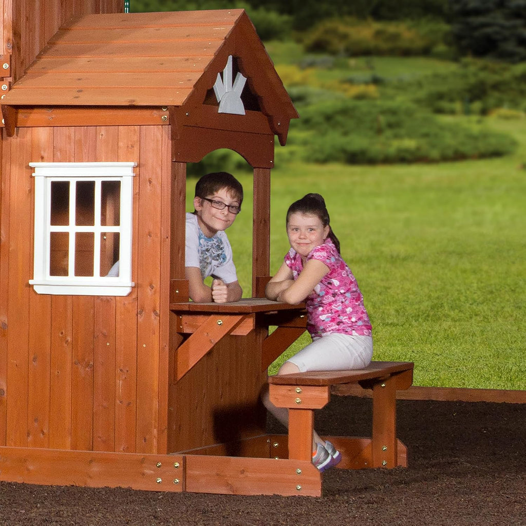 Backyard Discovery Shenandoah All Cedar Wooden Playset Swing Set with 2 Belt Swings, Trapeze Bar, 10 ft Wave Slide, Covered Upper and Lower Playhouse, Play Kitchen, Rock Wall, Outdoor Bench