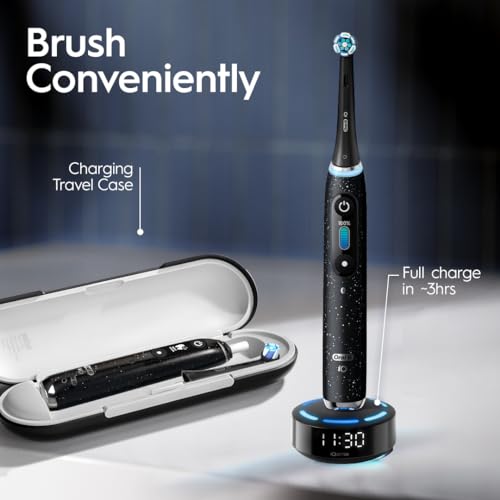 Oral-B iO Series 10 Rechargeable Electric Toothbrush with Visible Pressure Sensor to Protect Gums, 2 Min Timer, 7 Cleaning Settings, 4 Replacement Toothbrush Heads, and Charging Travel Case, Black