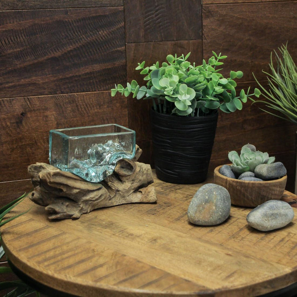 Rectangular Glass On Driftwood Decorative Bowl/Vase/Terrarium Succulent Planter Brown