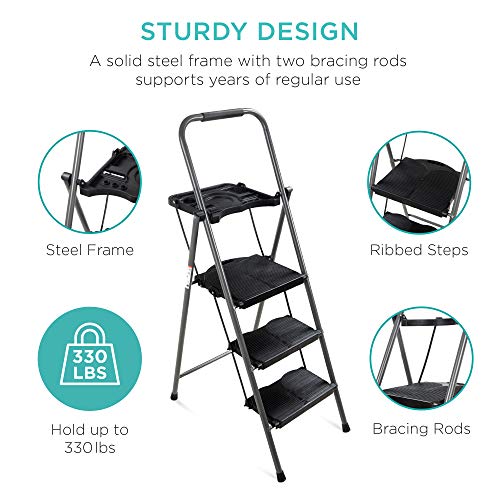 Best Choice Products 3-Step Ladder, Portable Folding Anti-Slip Step Stool w/Utility Tray, Hand Grip, Rubber Feet Caps, 330lb Capacity