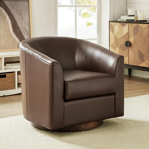HULALA HOME Swivel Barrel Chair Set of 2, Genuine Leather Swivel Accent Chair with Solid Wood Base, Round Barrel Chair for Living Room & Bedroom, Brown