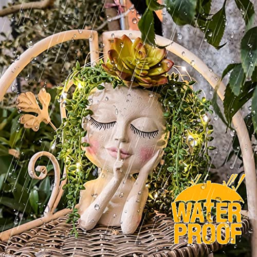 Solar-Face Flower Pot Head Planter Pots - LED String Lights Warterproof Resin Succulent Cactus Planters Pots with Drainage Hole Cute Lady Closed Eyes Indoor Outdoor Garden Decor (Large)