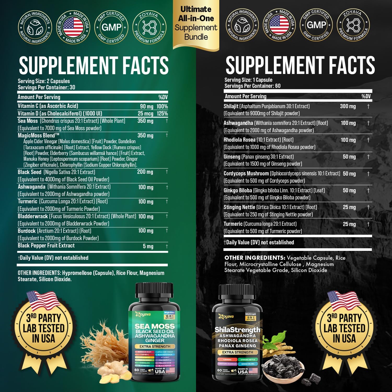 Zoyava Sea Moss 16-in-1 and Shilajit 8-in-1 Supplement Bundle