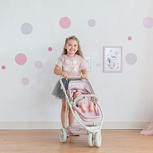 Olivia's Little World 2-in-1 Convertible Baby Doll Stroller with Retractable Canopy, All-Terrain Wheels, and Adjustable Handle, Cream and Pink with Gray Polka Dots