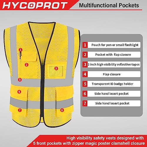 HYCOPROT High Visibility Mesh Safety Reflective Vest with Pockets and Zipper, Meets ANSI/ISEA Standards