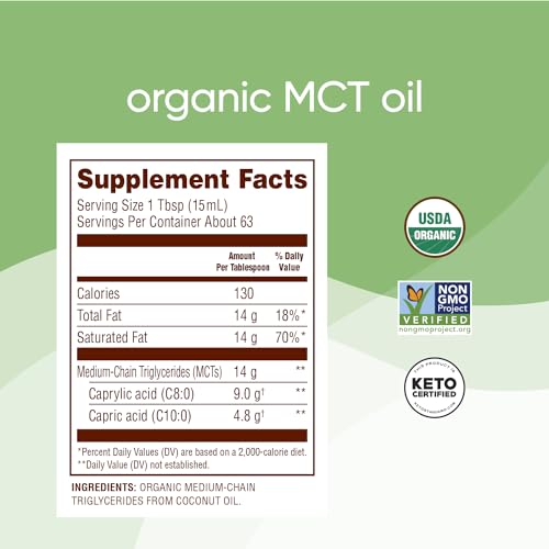 Nutiva Organic MCT Oil, Unflavored, 32 Oz, USDA Organic, Non-GMO, Non-BPA, Whole30 Approved, Vegan, Gluten-Free & Keto, 14g MCT per Serving & Neutral Flavor for Coffee, Shakes and Salads