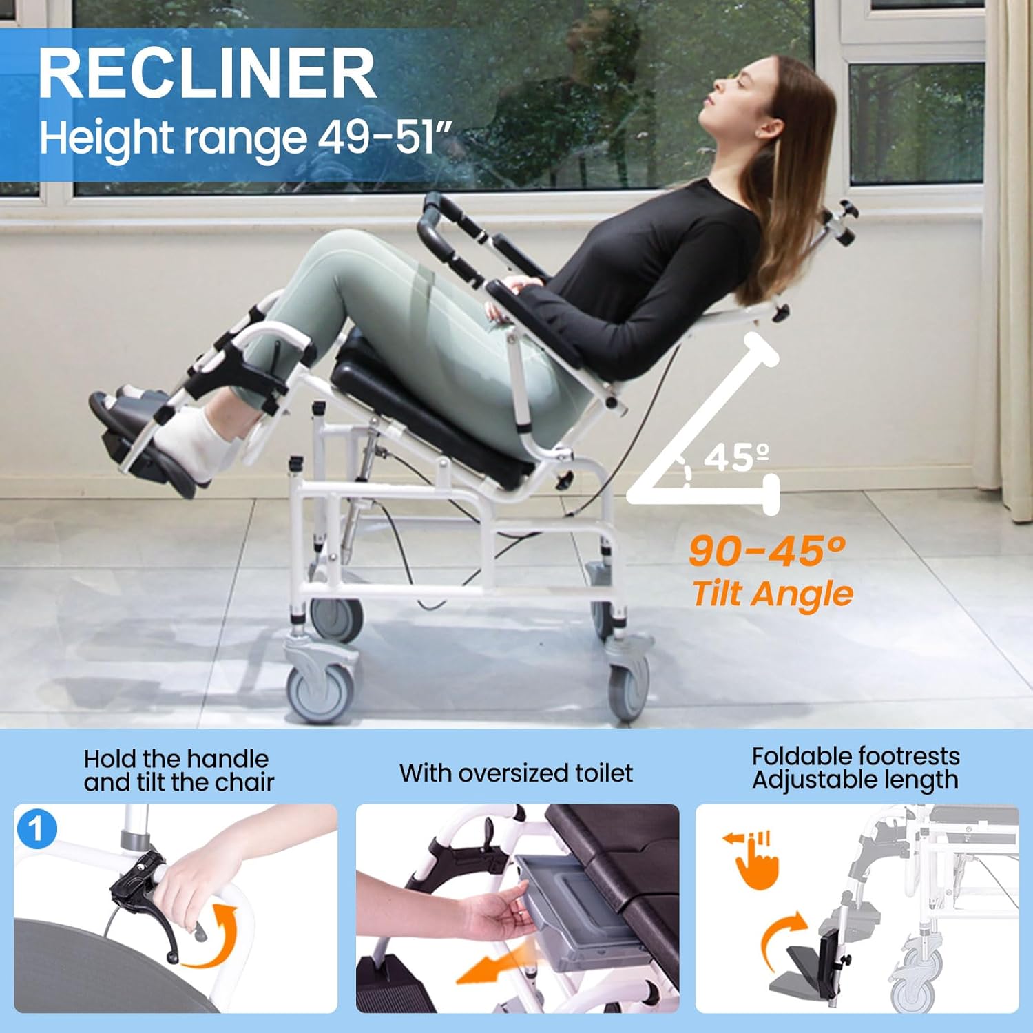 Upgrade Cushion-Juiwere Shower Chair with Arms and Back,Reclining Shower Chair with Wheels,Tilt 45° Shower Wheelchair with Headrest,Medical Shower Chairs for Adults