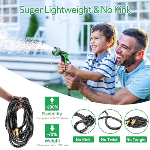 Expandable Garden Hose 100 ft, Upgraded Flexible Water Hose 100ft with 10 Function Spray Nozzle, 3/4" Leakpoof Solid Brass Fittings, Expanding Double Latex Core, Lightweight, No Kink, No Tangle