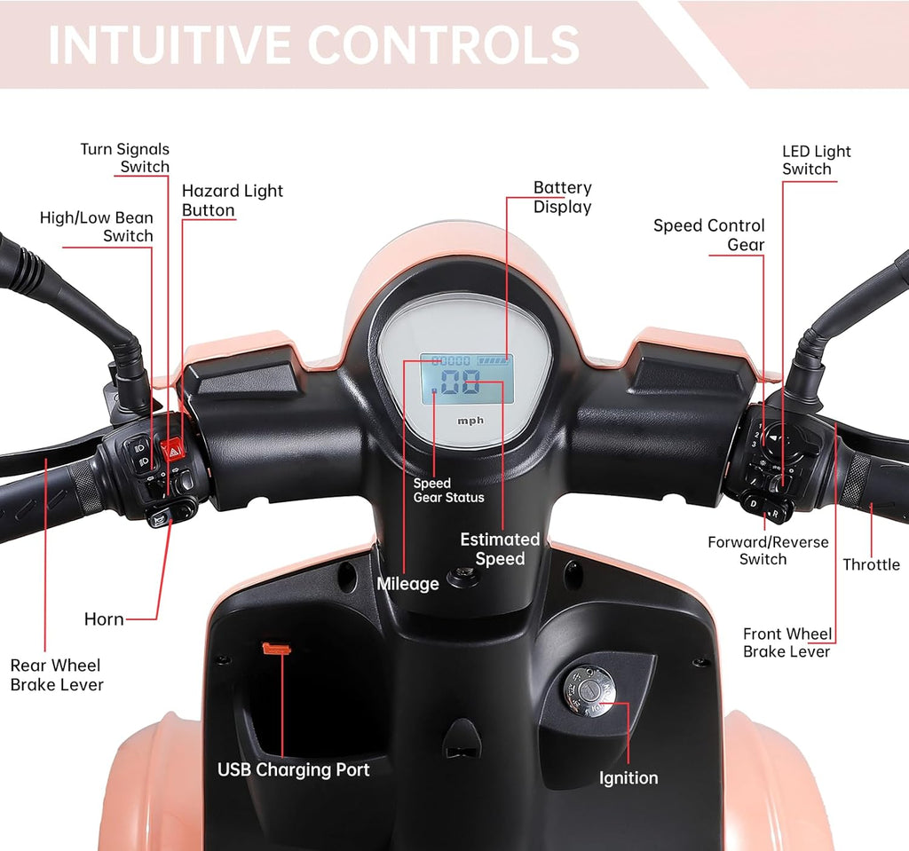 800W Heavy Duty 4 Wheel Mobility Scooters for Seniors & Adults 500lbs Capacity, Powered Mobility Scooters with 3-Speed Control & USB Charger Port, Under Seat Storage, Rose