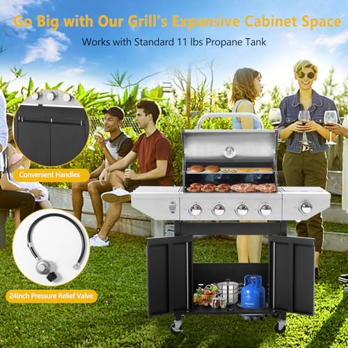 Large Propane Gas Grill with 4-Burners and Side Burner,Outdoor BBQ Grill Griddle with Porcelain-Enameled Cast Iron Grates, Stainless Steel Camping Barbecue Griddle for Patio,Garden,47000 BTU