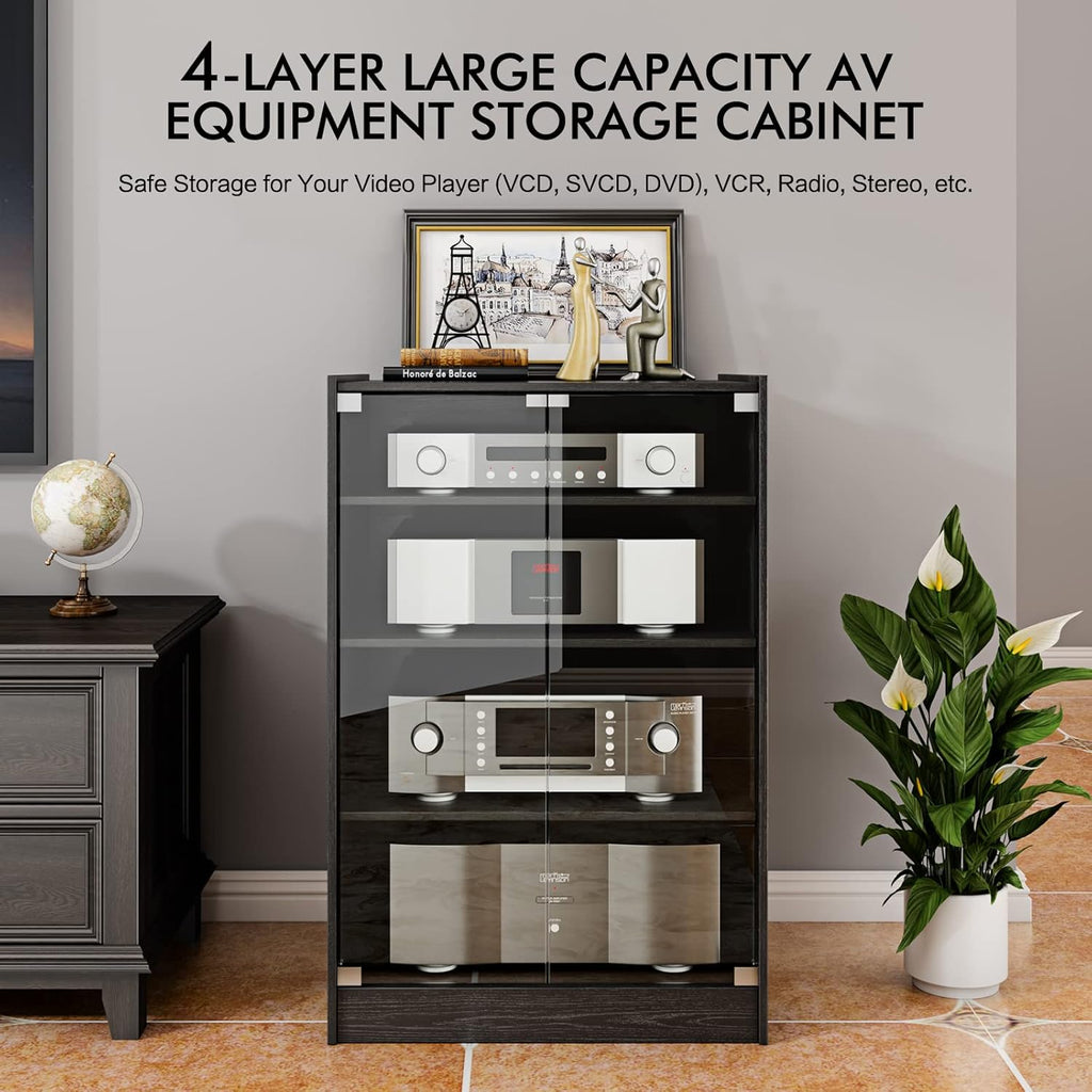 Media Storage Cabinet with Height Adjustable, 4-Tier Shelves Audio Video Media Stand Cabinet, Modern AV Cabinet with Glass Doors, Storage for Entertainment Stereo Component