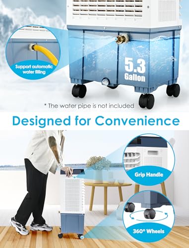 Air Choice Swamp Cooler, 1800 CFM Evaporative Air Cooler with 5.3 Gal Water Tank, 110° Swing, 3 Speeds, 4 Ice Box, Remote, 12H Timer, Portable Air Cooling Fan for Outdoor & Indoor, White & Dark Gray