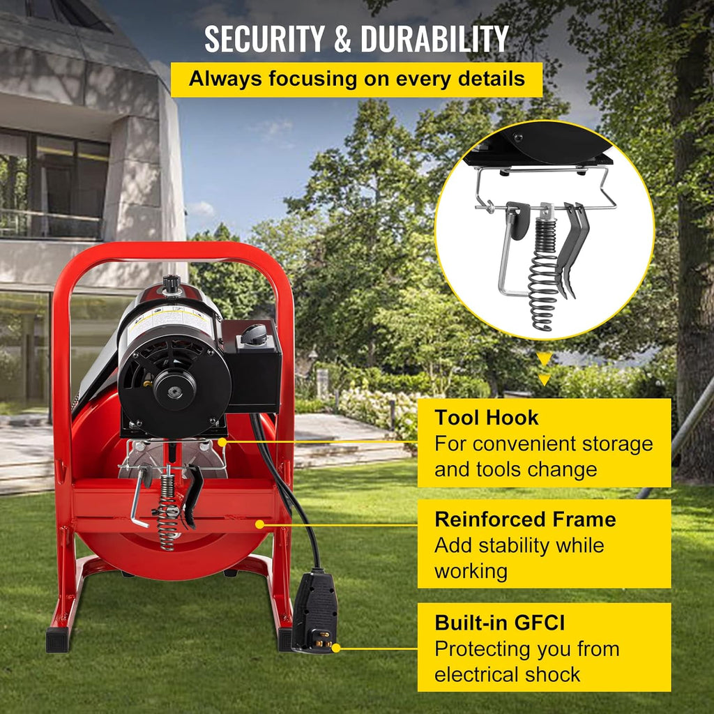 VEVOR Drain Cleaner Machine 75Ft x 1/2Inch, 370W Drain Cleaning Machine Fits 1 Inch (25mm) to 4 Inch(100mm) Pipes, Portable Electric Drain Auger Cleaner with 8 Cutters, Gloves