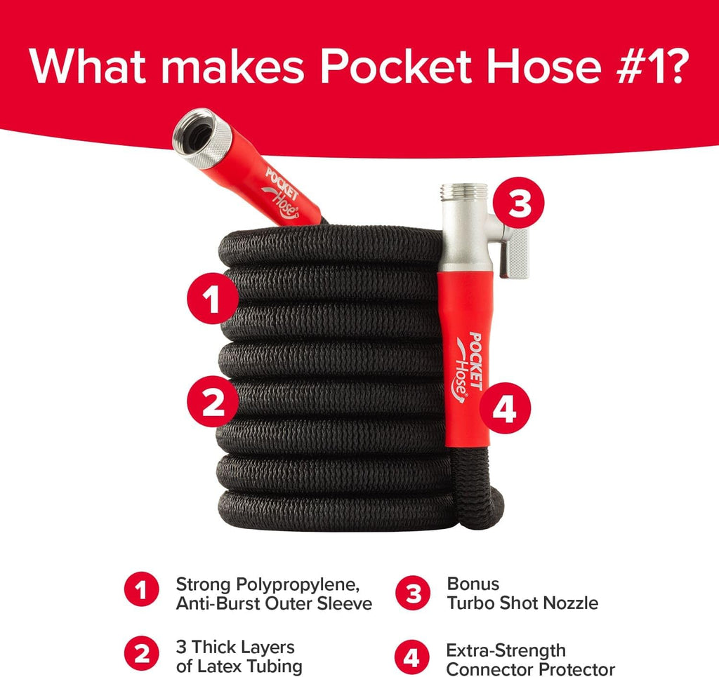 Pocket Hose Silver Bullet 2.0 Expandable Garden Hose 25-FT with Turbo Shot Nozzle, AS-SEEN-ON-TV, Lead-Free, Solid Aluminum Connectors, Easy On/Off Valve, Kink-Free, Leak-Proof
