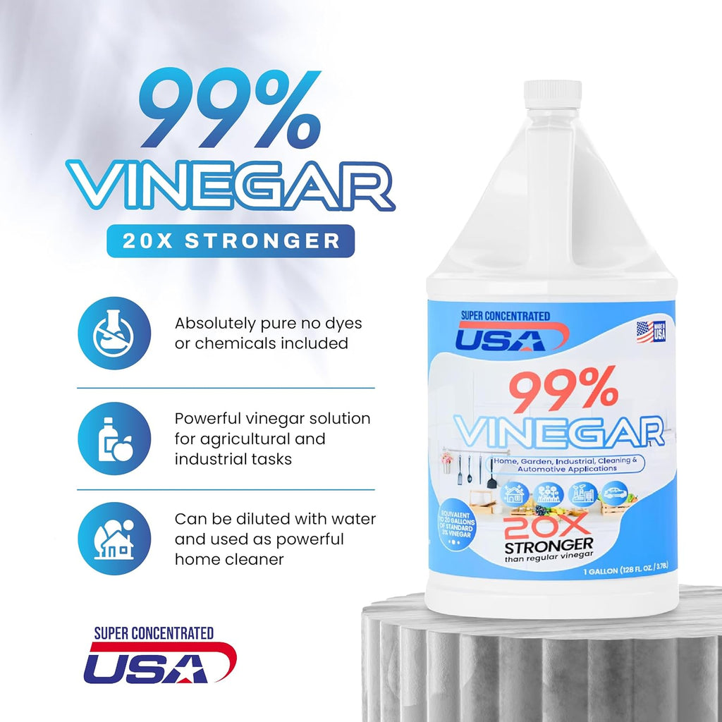 99% Pure Vinegar - Dilutes to 20 Gallons - 20x Power Industrial Cleaning Vinegar - 1 Gallon Concentrated Cleaner (99% Concentrated)