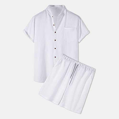Men 2024 Summer Linen Beach Outfits Casual Stylish Solid Short Sets Short Sleeve Cuban Shirt Shorts 2 Piece Wedding Suit