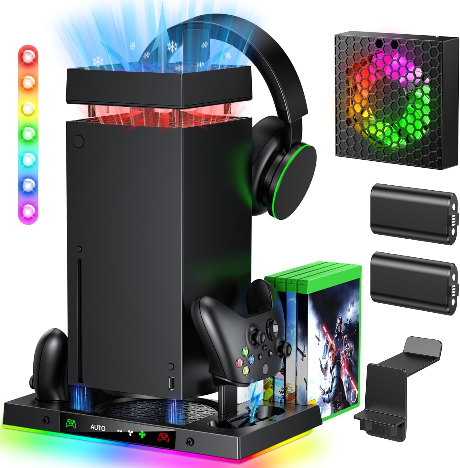 Charging Stand with AI Smart Cooling Fan Accessories for Xbox Series X with High Power, Wireless Dual Charger Dock for Xbox X Controller, 2 * 1400mAh Rechargeable Battery, Disc Game Storage