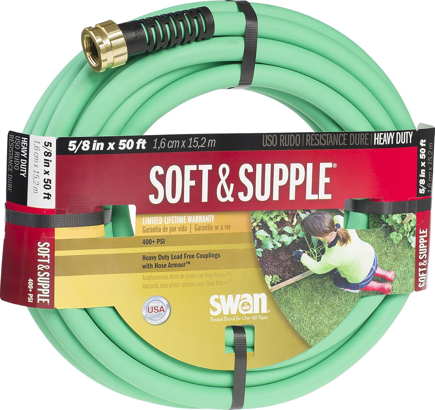 Swan Products SNSS58050 Soft & Supple Easy Coil Water Hose with Crush Proof Couplings 50' x 5/8", Green