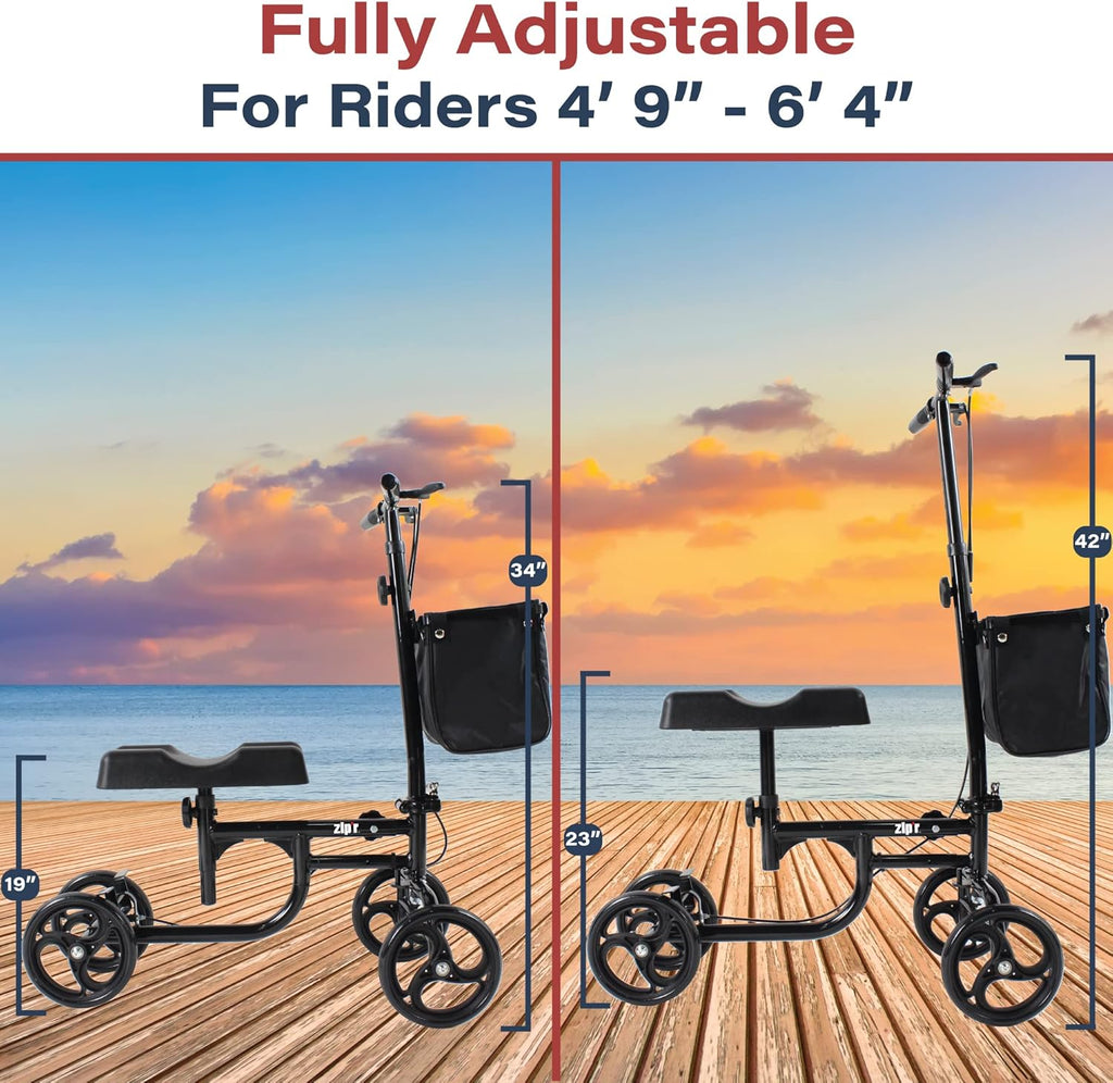 Zipr Coaster Medical Knee Scooter - Portable Knee Roller Scooter - Knee Walker Scooter with Removable Storage Bag - Steerable Knee Scooter Crutch - Ambidextrous Dual Braking Rolling Knee Scooter Cart