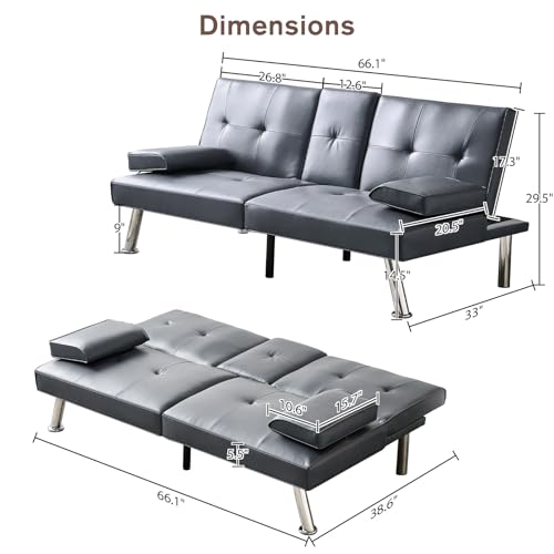 Faux Leather Convertible Folding Futon Sofa Bed with 2 Cup Holders, Sleeper Couch Bed with Removable Armrests, Metal Legs, Upholstered Loveseat for Living Room, Apartment, Dorm, Office (Orange)
