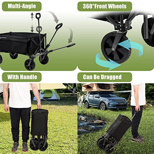 Collapsible Outdoor Utility Wagon with 300 lbs Capacity,Heavy Duty Folding Wagon with Side Pocket,Portable Grocery Wagon for Shopping Garden Camping Picnic,Black