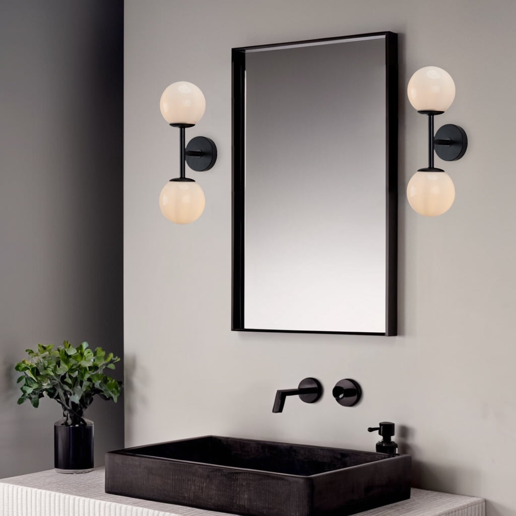 Modern Black Milk Glass Double Sconce - Stylish Bathroom Vanity Light & Kitchen Wall Sconce