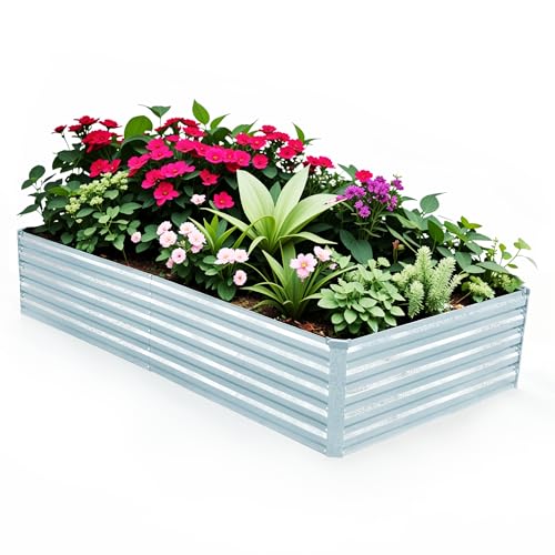Raised Garden Bed 8x4x1.5FT Galvanized Raised Garden Beds Outdoor for Vegetables Gardening - Raised Flowers Bed 18inch Garden Bed Metal Deep Planter Raised Beds with Apron & Gloves-Galvanized