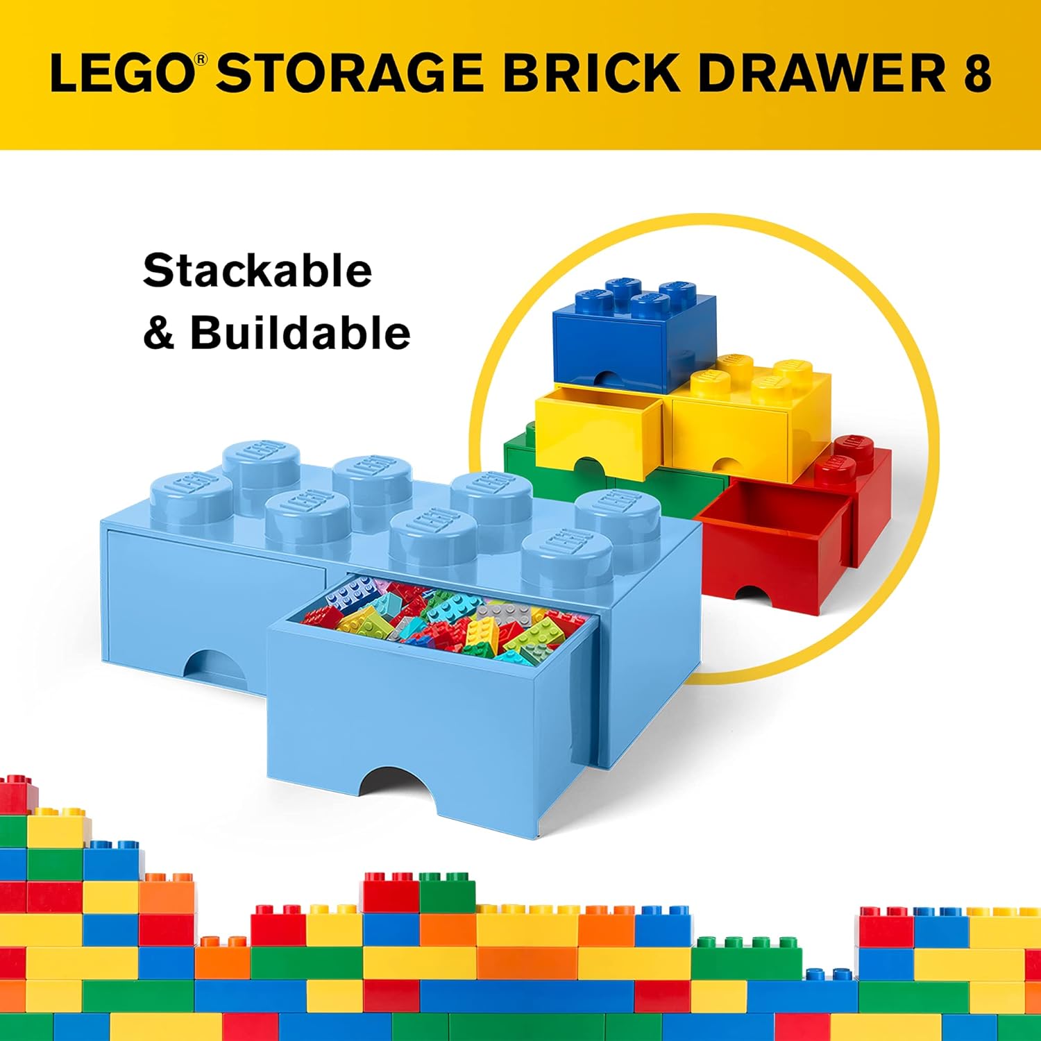 LEGO Brick Drawer, 8 Knobs, 2 Drawers, Stackable Storage Box, Light Royal Blue