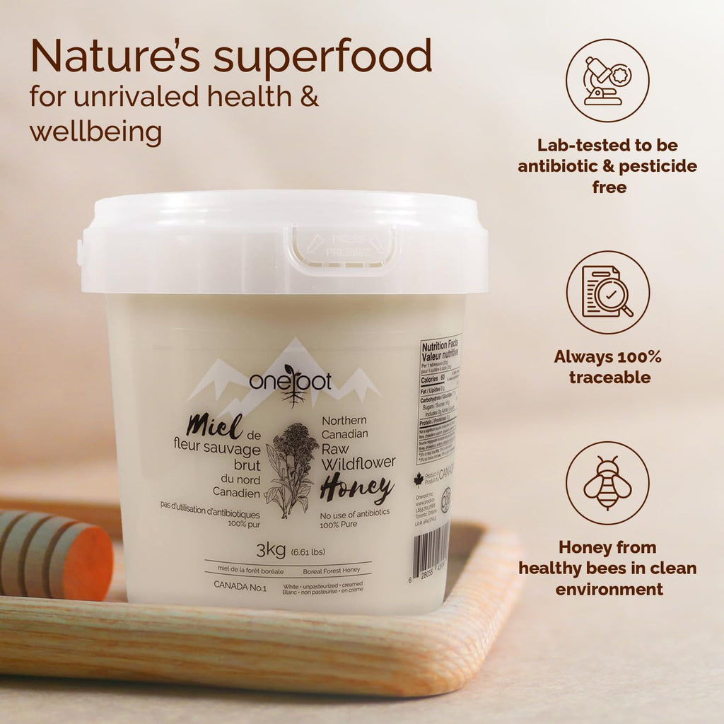 Oneroot 100% Canadian Wildflower Honey - 3kg / 6.6lb, Unfiltered, Unheated & Creamed, Nutrient Rich Raw Wildflower Honey With Enzymes, Thick Natural Sweetener