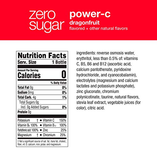 vitaminwater zero sugar power-c, electrolyte enhanced water w/vitamins, dragonfruit drinks, 20 fl oz (Pack of 12)