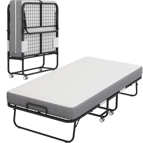 Folding Bed with Mattress 75" x 38" Rollaway Guest Bed Portable Foldable Bed for Adults with 5" Memory Foam Mattress Space-Saving Sturdy Metal Frame