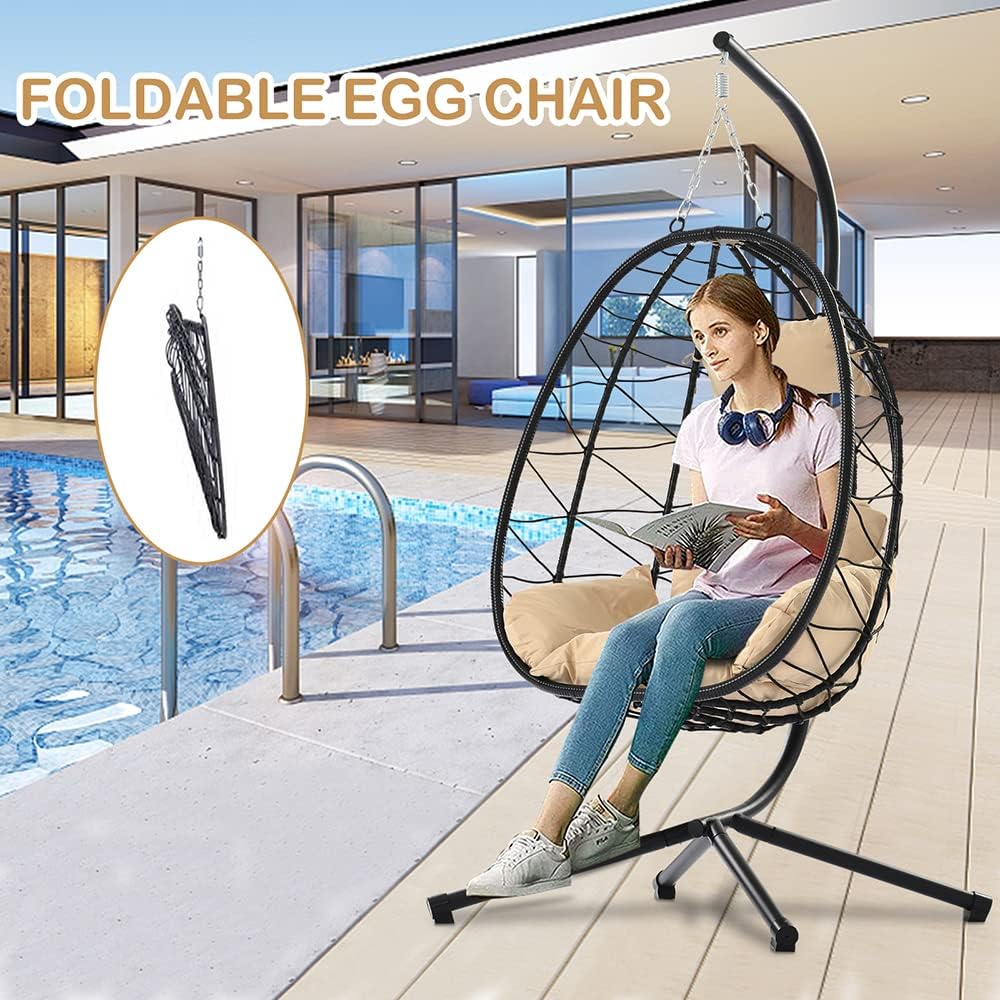 Hanging Egg Chair with Stand and Cushion, Indoor Outdoor Patio Wicker Hanging Swing Hammock Egg Chair, 350 Lbs Capacity