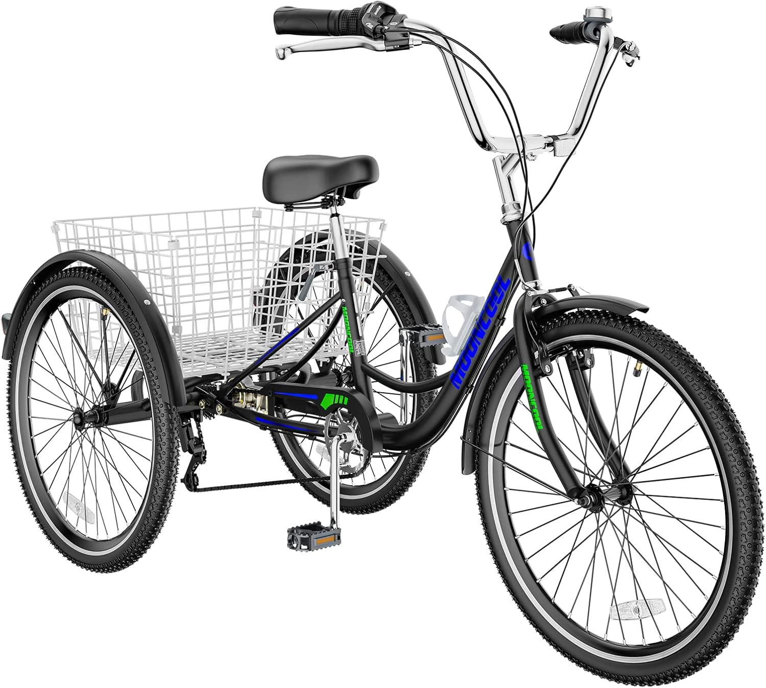 Adult Tricycle 7 Speed 3 Wheel Bike Adult Trikes, Three-Wheeled Bicycles Cruise Trike with Basket for Seniors, Women, Men for Recreation Shopping (24", Black with Blue)